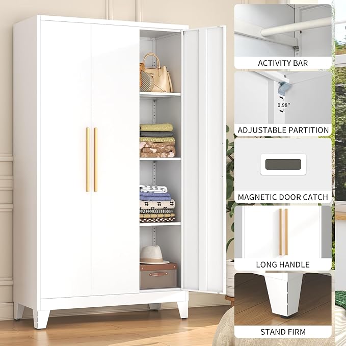 75.3" Tall Metal Wardrobe Closet - Large Clothing Storage Cabinet with 2 Doors, 5 Adjustable Shelves & 1 Hanging Rod - Closet Organizer for Bedroom, Office, Laundry Room, Garage - White