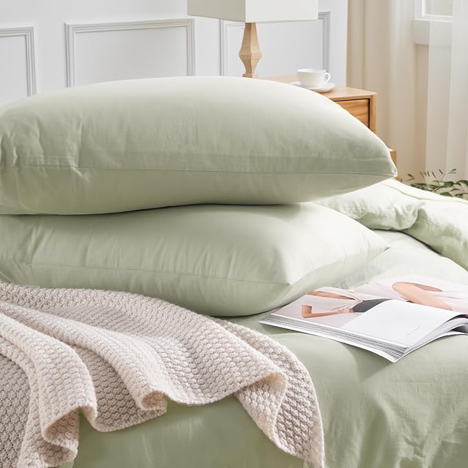 NEXHOME PRO Duvet Cover Set California King Linen Feel Textured Organic Natural 100% Washed Cotton Duvet Cover 3 Pieces Bedding Set Zipper Closure, Breathable, Soft, Mint Green (No Comforter)