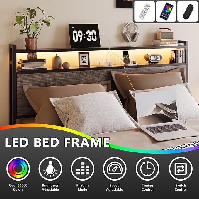 VINGLI King Bed Frame with 4 Storage Drawers and Adjustable Headboard Shelf, Metal Platform Captain Bed with Charging Station and RGB LED Lights, No Box Spring Needed, Noise Free, Wash Grey