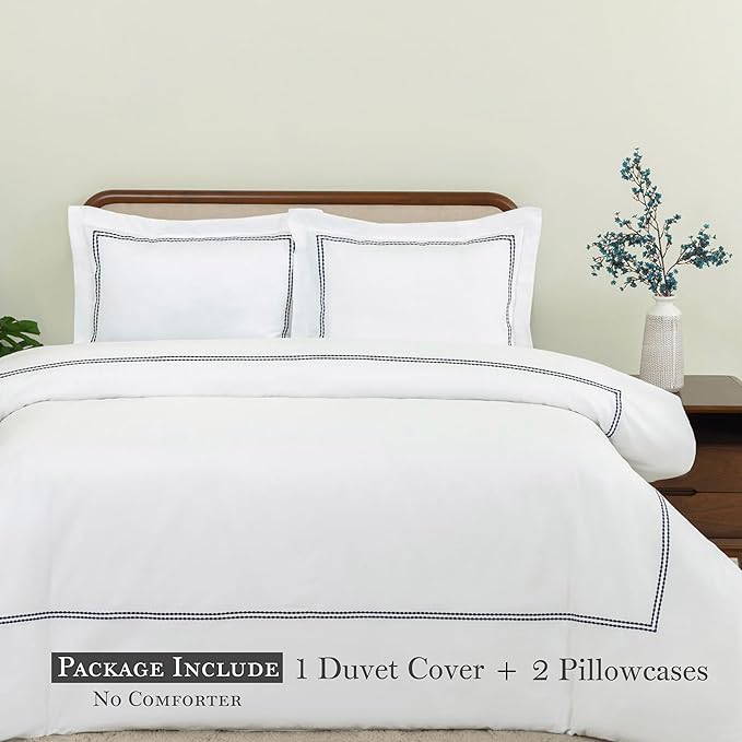 Dreamology White Duvet Cover Luxury Hotel Quality Bedding Set 100% Cotton Embroidered Duvet Covers with 2 Pillow Shams Hypoallergenic Zipper Closure 3 Pieces Duvet Set (Navy Blue T-200, Full)