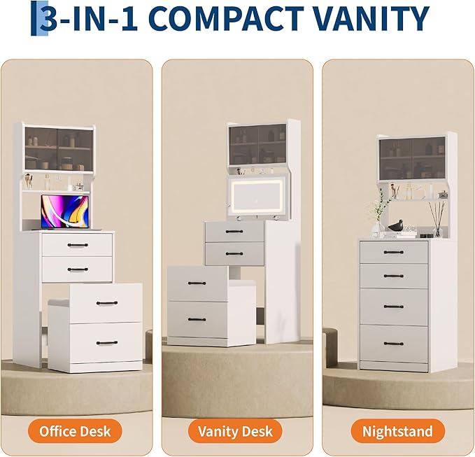 Garvee 3 in 1 Vanity Desk with 3 Color LED, Compact Makeup Vanity Set with 2 AC Outlets & USB, Dressing Table with Drawers & Acrylic Doors, Nightstand Vanity Mirror, Jewelry Box, Hidden Chair, White