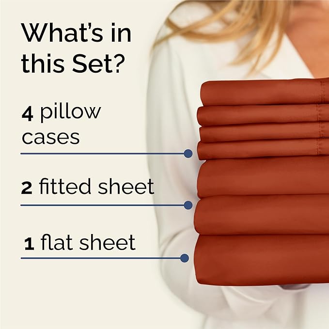Split King 7 Piece Sheet Set - Comfy, Breathable & Cooling - Soft Hotel Luxury Bedding for Women, Men, Kids, Teens & Children - 1 Flat & 2 Fitted Sheets & 4 Pillowcases w/ Deep Pockets - Terracotta