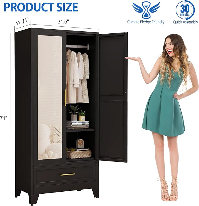 GAIOUS Steel Armoire Wardrobe Closet with Mirror Doors, 71" Household Wardrobe Cabinet with Hanging Rod and Drawer, Metal Clothing Storage Cabinet with Adjustable Shelf for Bedroom, Cloak, Gym(Black)