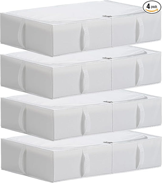 TYEERS Under Bed Storage Containers, Durable Fabric, Washable, Collapsible, Under Bed Storage Bins for Clothes, Blankets, Sheets, Shoes, 27.5x16.5x7 Inches, 4-Pack, White