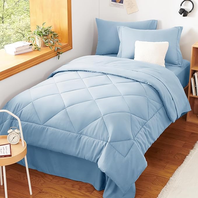 CozyLux Twin XL Comforter Set Baby Blue - 5 Pieces Twin Extra Long Bed in a Bag for College Dorm, All Season Bedding Set for Girls and Boys, Soft Bed Set with Comforter, Sheets, Pillowcase & Sham