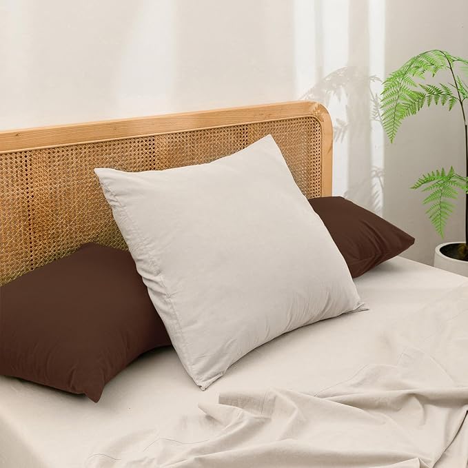 BESTOUCH 100% Washed Cotton Pillowcase for Hair and Skin Linen Feel Soft Comfortable Breathable 2 Set Pillow Case with Envelope Closure Solid Cocoa Brown King 20x36 Inches