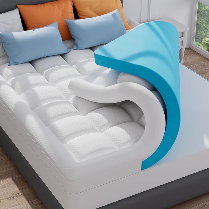 ELEMUSE 3 Inch Dual Layer King Memory Foam Mattress Topper,Cooling Memory Foam & Plush Pillow Top Pad, Luxury Pressure Relief Bed Topper for Master Bedroom, Breathable Comfortable Support for Couples