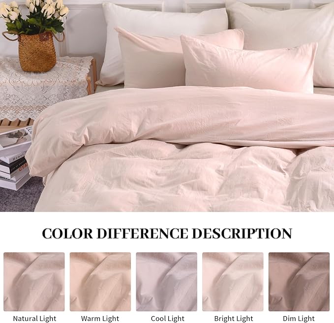 NEXHOME PRO Duvet Cover Set Oversized Queen 92"x98" Linen Look Textured Organic Natural 100% Washed Cotton 3 Pieces Bedding Set with Zipper Closure, Breathable, Dusty Pink (No Comforter)