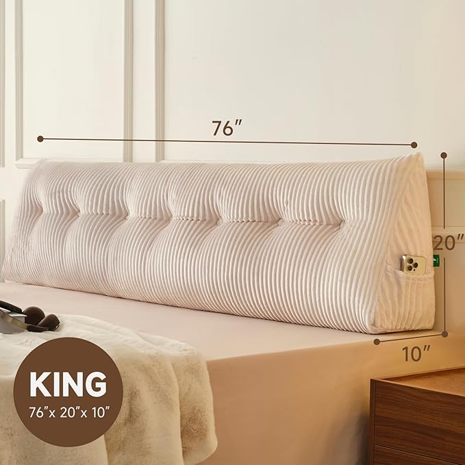 Z-hom Large Headboard Pillow King, NO ROLL Pillow, Wedge Pillow Headboard for Sitting Up in Bed, Backrest Support Triangular Cushion for Reading, Gap Pillow w/Removable Washable Cover,Cream