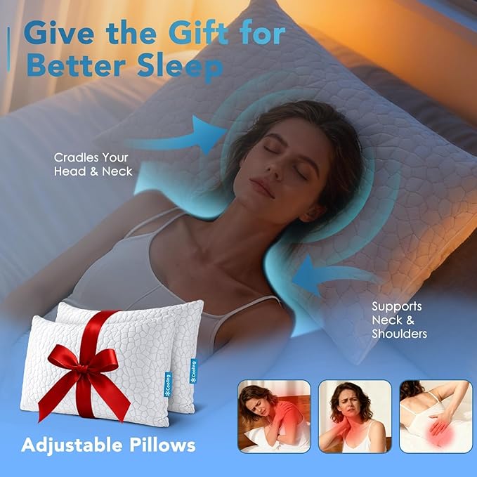 QUTOOL Cooling Pillow for Sleeping, CertiPUR-US Shredded Memory Foam King Pillows Set of 2, Cool Pillow for Hot Sleepers Adjustable Firm Pillow for Side, Back, Stomach Sleepers Soft Yet Support, White