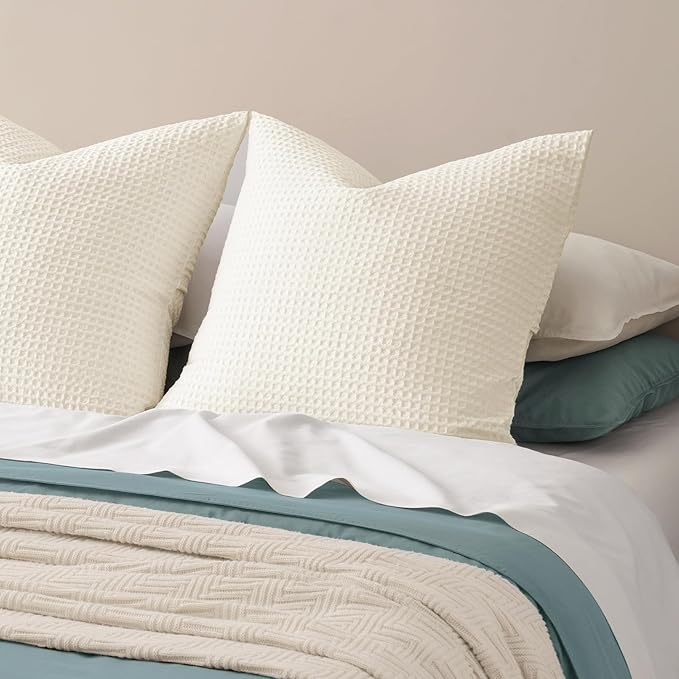 PHF Ultra Soft Waffle Weave Euro Shams Pillow Covers 26" x 26" 2 Pack, No Insert, Breathable Skin-Friendly Euro Throw Pillow Covers for Bed Couch Sofa, Coconut White
