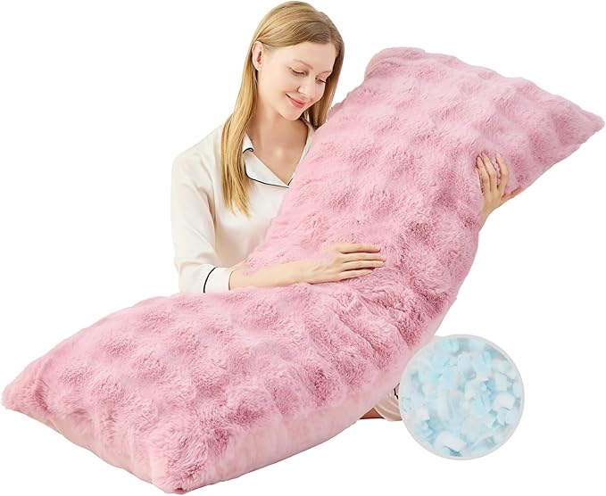 YZ HOME Faux Fur Fluffy Body Pillow for Adults - Firm Body Pillow Insert with Shredded Blue Memory Foam, Adjustable Height, Soft Support for Side Sleeping, Pregnant Women, Washable, 20x54 Inch (Pink)