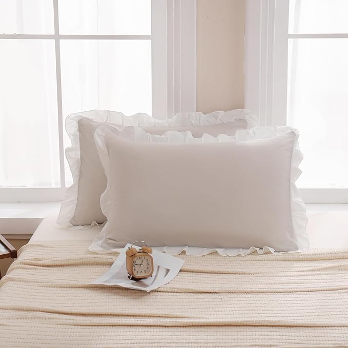 Merryword Beige Pillow Shams Standard Pillowcases 20x26inch Beige and White Reversible Cute Pillow Cover Set of 2 Soft Shabby Chic Ruffled Pillowcases