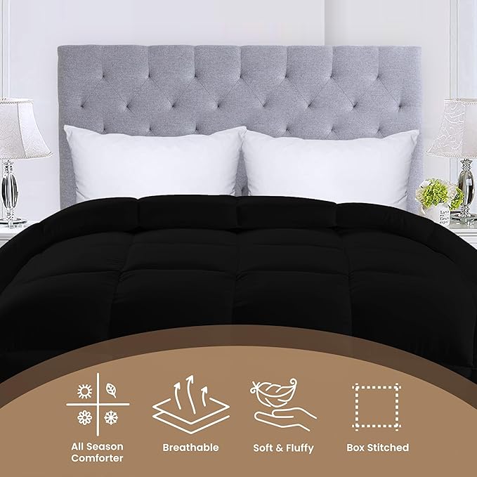 Utopia Bedding Comforters Twin Size, All Season Duvet Insert, Down Alternative Box Stitched Bed Comforter with Corner Tabs, Machine Washable (Black)