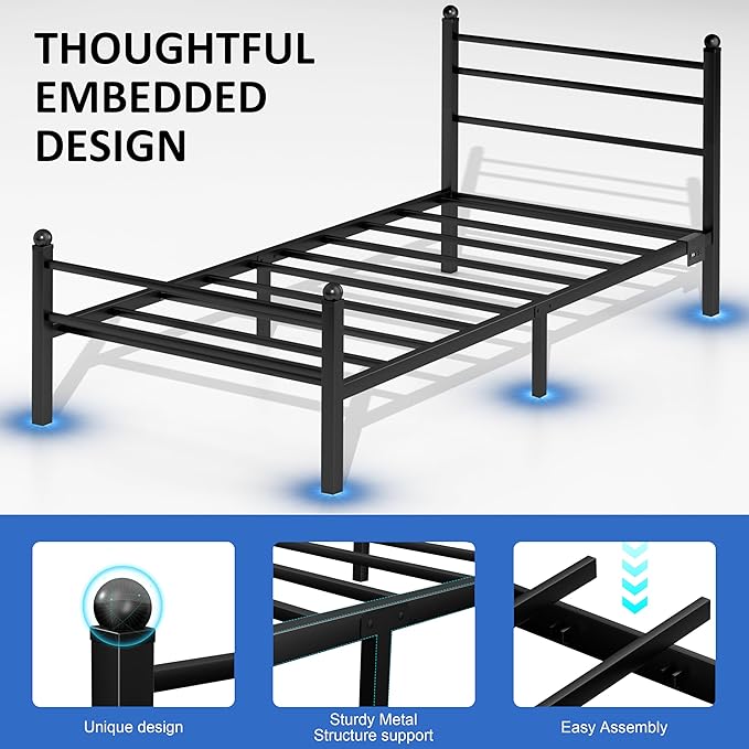 J.Fkne Twin Bed Frame with LED Lights & Charging Station, Metal Platform Bed with Headboard, Heavy Duty Metal Slats, No Box Spring Needed, Noise Free, Easy Assembly, Black