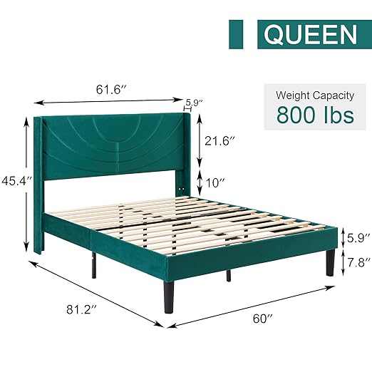 VECELO Queen Bed Frame Upholstered Platform with Fabric Headboard,Wooden Slats Support/No Box Spring Needed/Mattress Foundation,Dark Green