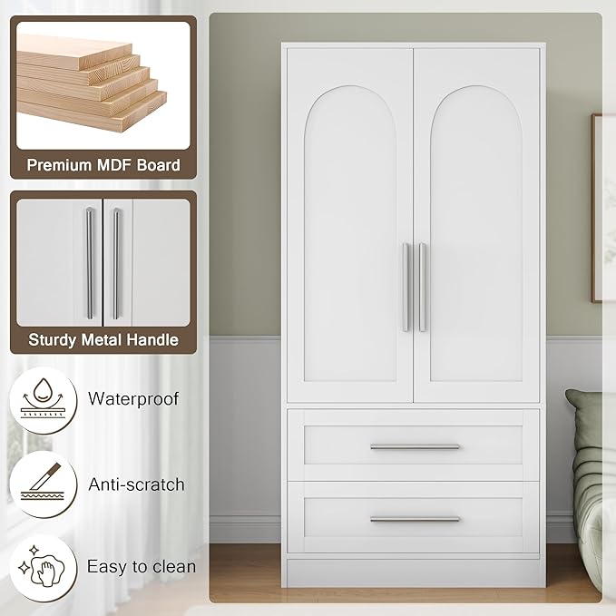 Einhomn Wooden Armoire Wardrobe Closet with 2 Doors and 2 Drawers,Bedroom Freestanding Armoire Storage Cabinet with Shelves,Tall Clothing Storage Cabinet for Bedroom,White