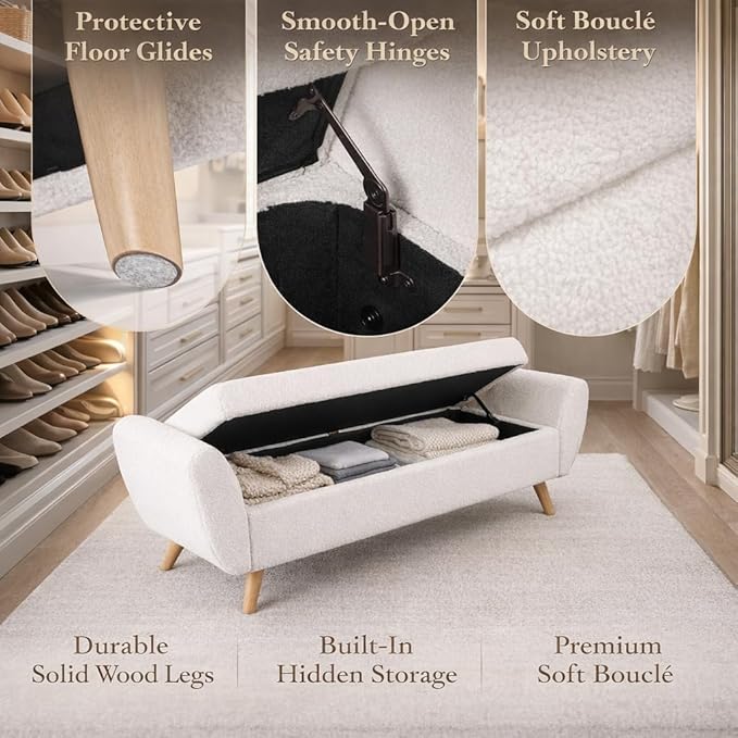 HomePop Modern Storage Bench with Wood Legs |Homepop Home Décor|Bench with Storage for Living Room & Bedroom - Sherpa Cream