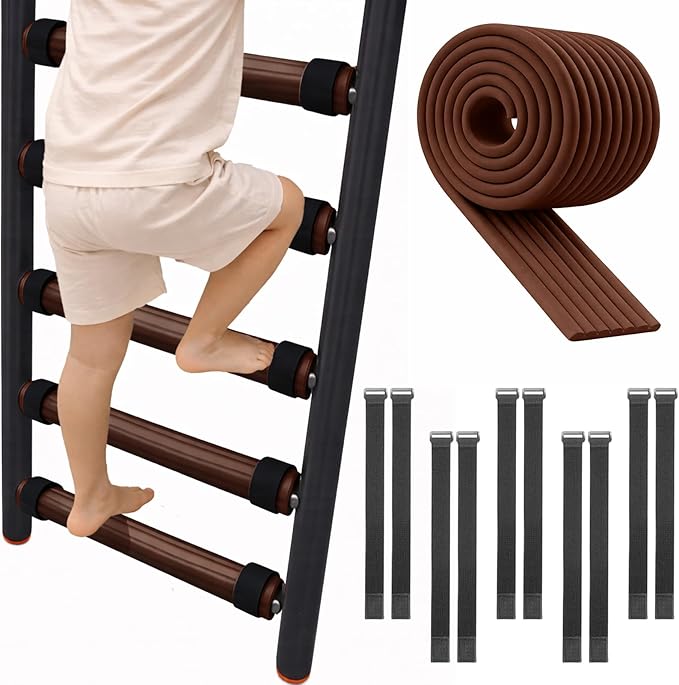 Bunk Bed Ladder Pads 6.5 Ft with 10 Adjustable Straps, Soft Foam Ladder Cover for Loft Bed, Cushioned Step Pads for Comfortable Climbing, Secure Fit, Brown