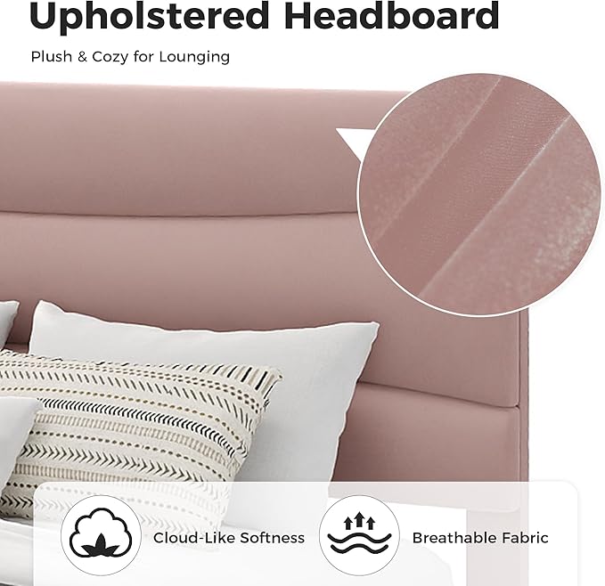 GarveeHome Queen Modern Upholstered Bed Frame with Soft Padded Headboard,Sturdy Metal Steel Slat Support, Noise-Free Quiet Design,Easy Assembly,Heavy Duty Stable Bed Frame(Pink)