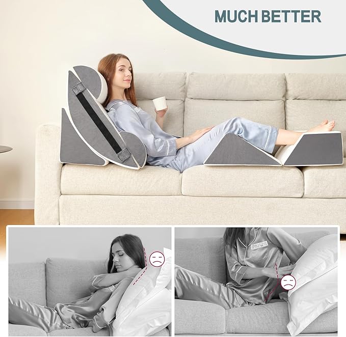 Yojoker 6pcs Orthopedic Bed Wedge Pillow Set for Post Surgery, Memory Foam for Sleeping, Back and Leg Pain Relief Comfortable & Adjustable Support Pillows-Anti Snoring, Heartburn