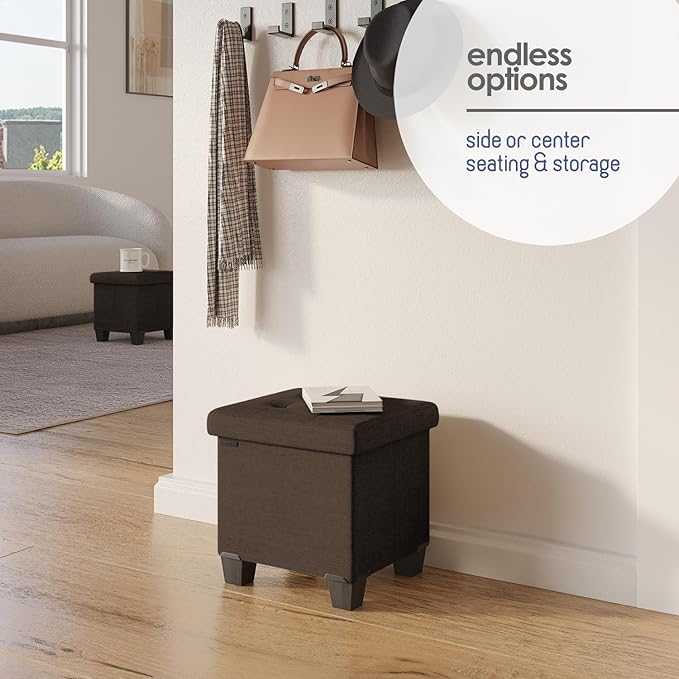 Storage Ottoman Cube with Small Bin, 15-in Square Ottoman with Storage for Living Room and Bedroom, Small Ottomans Foot Rest, Fabric Foot Stools Ottomans Max 330lbs, Brown