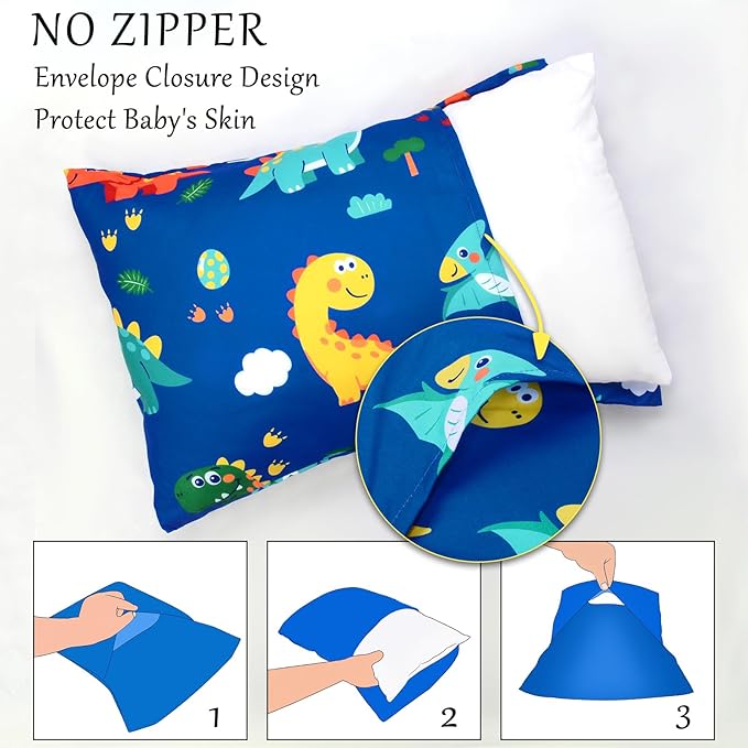 Cloele Kids Toddler Pillowcase Envelope Travel Pillowcase Baby Pillow Cover Fits Pillows Sized 12x16 or 13x18-1 Pack Soft Children’s Bedding Pillowslip Case for Boys and Girls -Colorful Dinosaur