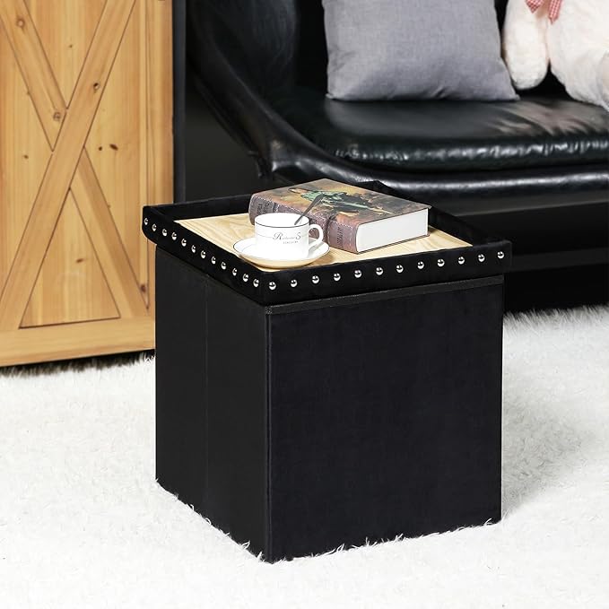 PINPLUS Black Folding Storage Ottoman Cube, Small Velvet Tuffed Foot Rest Stool with Rivet Design, Padded Seat for Living Room, Shoes Box Chest for Bedroom Vanity Area, 15.7inches