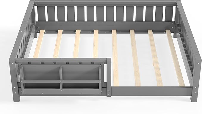 Bellemave Full Size Kids Montessori Bed with Bookshelf,Solid Wood Full Floor Bed Frame with Fence and Slats for Girls Boys,Low-Profile,Gray