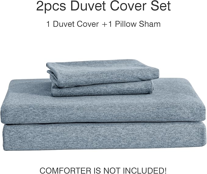 PURE ERA Jersey Knit Duvet Cover Set 100% T-Shirt Cotton Super Soft Comfy 2pc Bedding Set with Zipper Closure (Heather Blueish Grey, Twin)