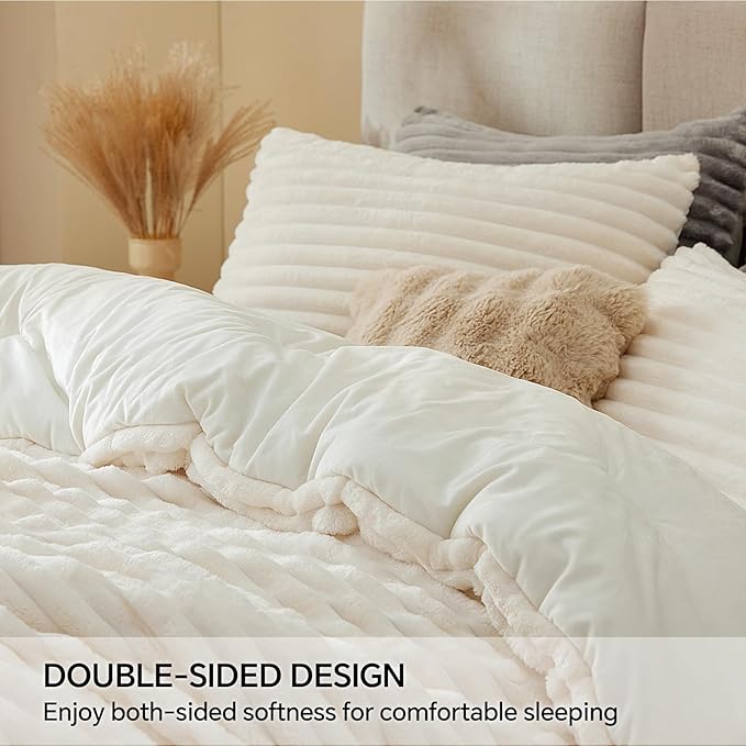 BEDELITE Fleece Queen Comforter Set -Super Soft & Warm Fluffy Cream White Bedding, Luxury Fuzzy Heavy Bed Set for Winter with 2 Pillow Cases