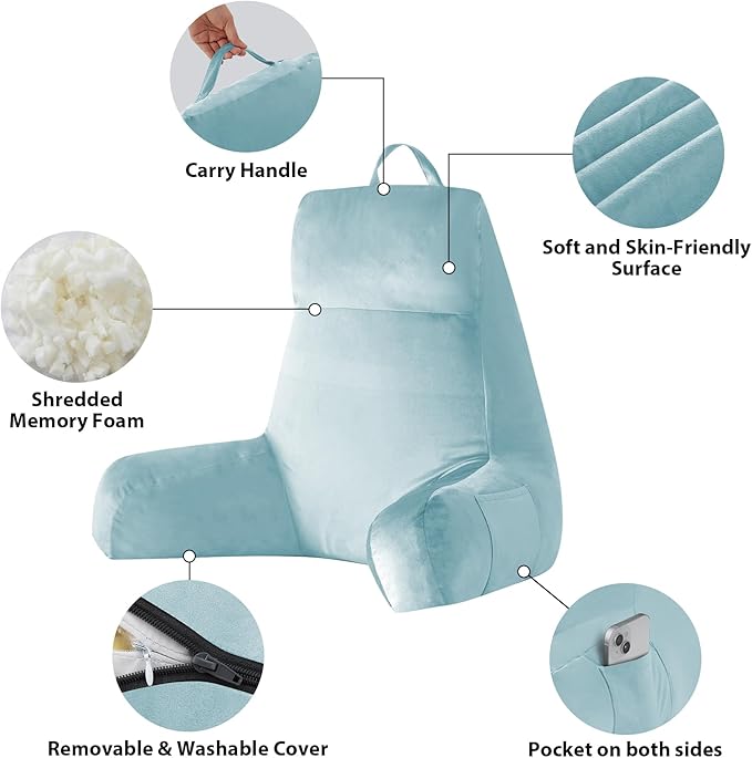 IPYNBAP Back Pillow for Bed Sitting up, Reading Pillow for Sitting in Bed Adult, Back Support Pillow, Memory Foam Sit up Lounge Backrest Pillow with Arms for TV, Couch, Chair, Dorm, 24 Inch, Lake Blue