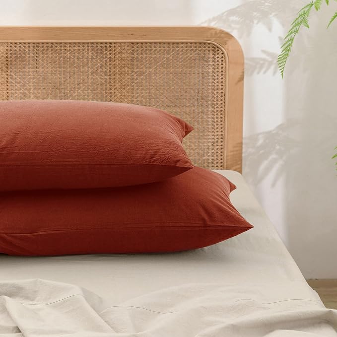 BESTOUCH 100% Washed Cotton Pillowcase for Hair and Skin Linen Feel Soft Comfortable Breathable 2 Set Pillow Case with Envelope Closure Solid Burnt Brick Red Queen 20x30 Inches