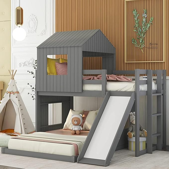Harper & Bright Designs Twin Over Full House Bunk Bed with Slide, Solid Wood Floor Bed with Ladder, Windows & Roof, Fun Cottage Beds for Kids Teens Girls Boys – Gray