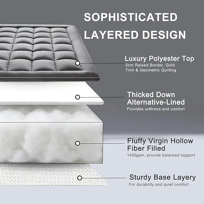 2~3In Extra Thick Mattress Topper Cooling Pillow Top Airflow Design for Hot Sleepers, Soft Comfort & Supportive, Pressure-Relieving Pad for Back & Side Sleepers, Easy Setup & Wash, King 78”*80”