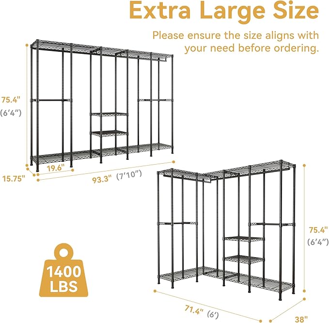 Higeego H5 Extra Large Wire Garment Rack, Heavy Duty Clothes Rack, Freestanding Clothing Rack for Hanging Clothes, Wardrobe Closet with Adjustable Shelf, 93.3" Wx15.7 Dx75.4 H, Black, Load 1400 lbs