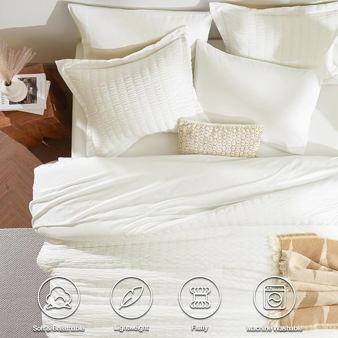 CozyLux Queen Comforter Set Ivory Seersucker 7 Pieces Bed in a Bag Queen Comforter Set with Sheets, Luxury Soft Bedding Sets with Down Alternative Comforter, Sheets, Pillowcases & Shams for All Season