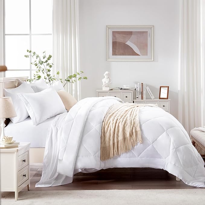 Love's cabin Twin XL Comforter Set White, 5 Pieces Twin XL Bed in a Bag, All Season Bedding Sets with 1 Comforter, 1 Flat Sheet, 1 Fitted Sheet, 1 Pillowcase and 1 Pillow Sham | Soft, Breathable, Lightweight, Comfortable