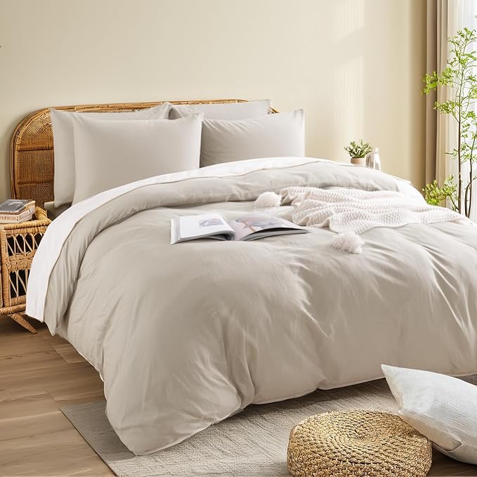 NEXHOME PRO Full Duvet Cover Set – 100% Certified Organic Cotton with Washed Feel & Linen-Like Texture, Comfortable & Breathable, Home Bedding Set Light Linen (No Comforter)