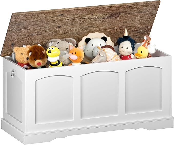 CHOEZON 39.4" Storage Chest Bench with Lift Lid, Toy Chest with Safety Hinge, Entryway Shoe Bench, Wooden Storage Trunk, Holds up to 220 lb, for Living Room, Bedroom, Hall, White and Walnut MCW12WL