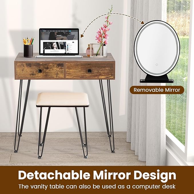 COSTWAY Vanity Desk with Mirror and Lights, Makeup Dressing Table Set w/ 3 Color Lighting Modes & Adjustable Brightness, Vanity Mirror with Desk and Stool for Bedroom Small Spaces (Rustic Brown)