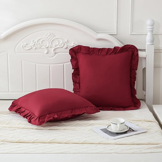 Merryword Burgundy Pillowcases 18x18 Cute Throw Pillow Covers Pack of 2 Ruffle Pillowcase Cushion for Couch Sofa Bedroom