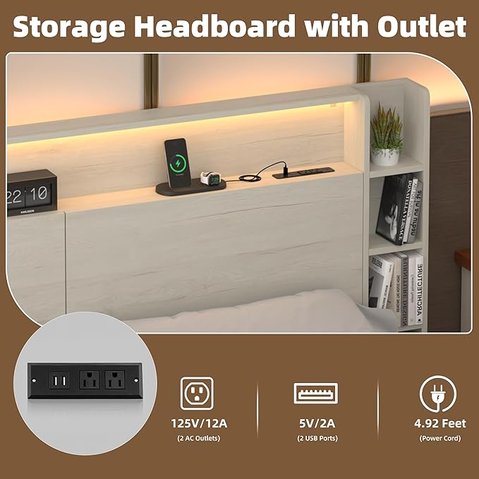 Queen Headboard Only with Shelves Storage, Headboards with Charging Station 2 USB Ports and LED Light,Sturdy and Stable Modern Sturdy and Stable Wood Bed Board (White, Queen) | Solid wood leg, chargestation, Storage