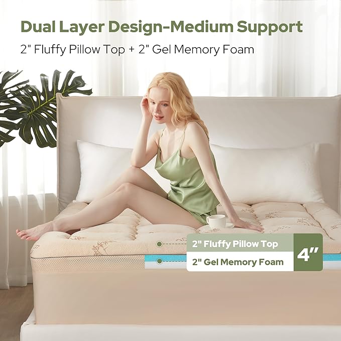 BEDLORE California King Memory Foam Mattress Topper 4 Inch,2-in-1 Dual Layer Design (2"Gel Memory Foam + 2"Plush Pillow Top Cover) Mattress Topper Medium-Firm,Pressure Relief &Back Pain Support(Beige)
