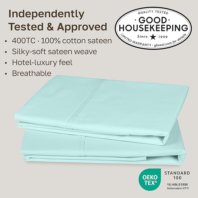 California Design Den 400 Thread Count 100% Cotton Pillowcases, Seafoam King Pillowcase Set of 2, Long - Staple Combed Pure Natural Cotton Pillow Cases, Soft & Silky Sateen Weave