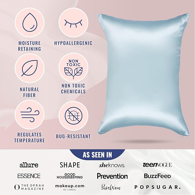 Blissy Silk Pillowcase - 100% Pure Mulberry Silk - 22 Momme 6A High-Grade Fibers - Silk Pillow Cover for Hair & Skin - Regular, Queen & King (Sky Blue, Queen)