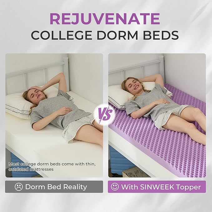 SINWEEK 3 Inch Egg Crate Memory Foam Mattress Topper Twin XL, Twin Extra Long Mattress Pads for College Dorm Single Bed, Pressure Relieve CertiPUR-US Certified,39x80 Inches
