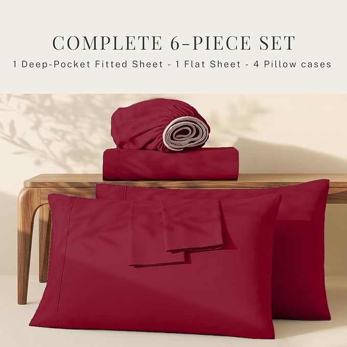 Hearth & Harbor Extra Deep Pocket Sheets - Fits Mattress 18-24 Inches Deep - Extra Deep Pocket Twin XL Sheets Sets - 4 Piece Twin XL Size - Burgundy
