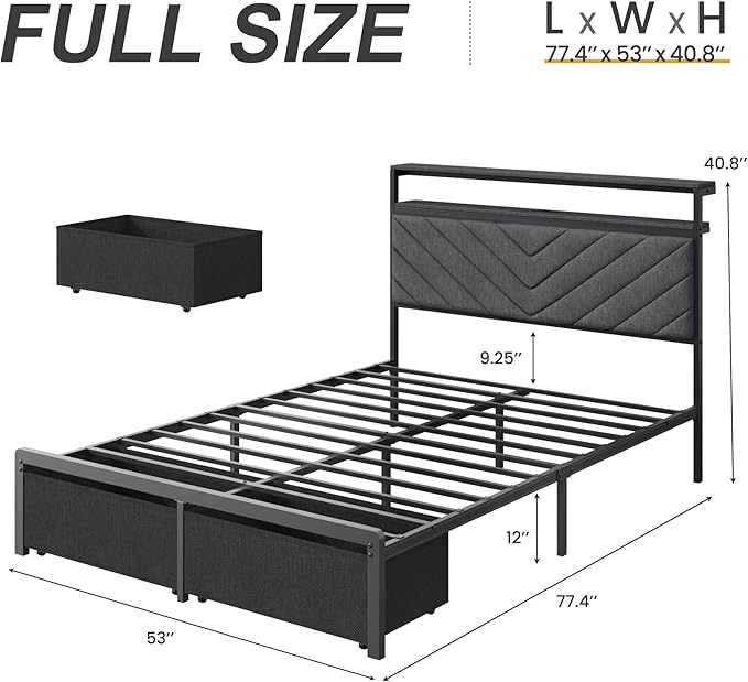HISOFT Full Bed Frame with Charging Station, LED Lights & 2 Storage Drawers, Grey Platform Bed with Upholstered Headboard, Under-Bed Storage, No Box Spring Needed, Easy Assembly, Strong Support