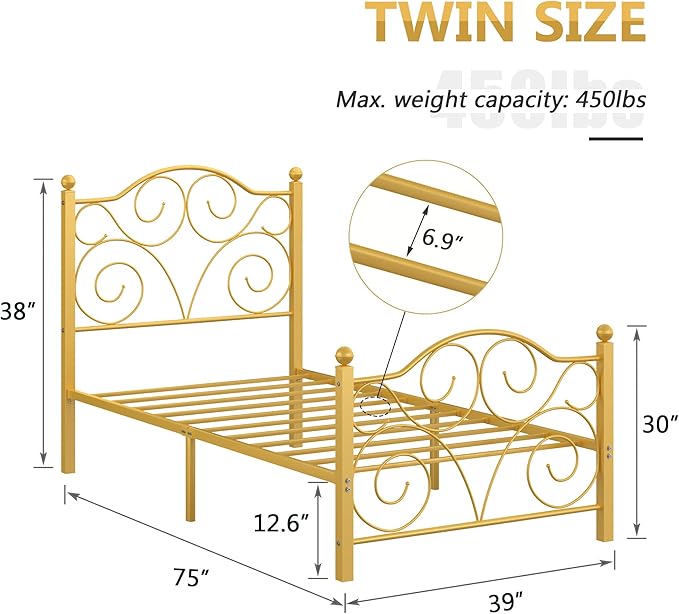 VECELO Twin Size Bed Frame with Headboard and Footboard, Heavy Duty Metal Slat Support, Platform Mattress Foundation, No Box Spring Needed, Easy Assembly, Gold